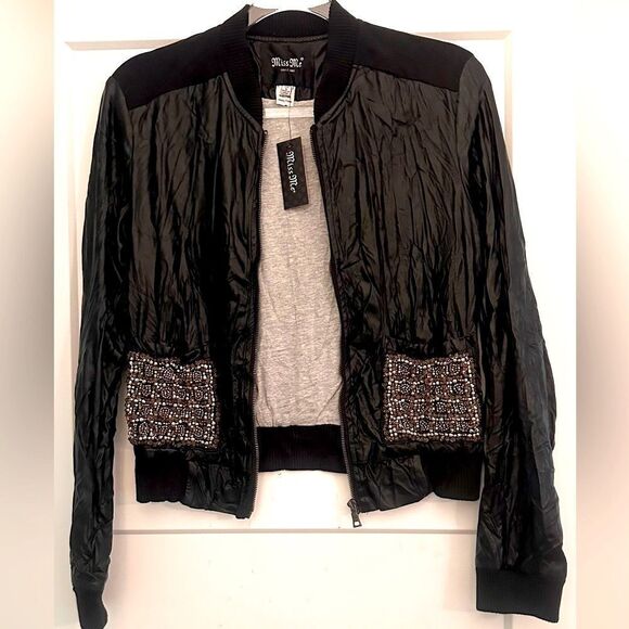 Miss Me Black Metallic Beaded Moto Vegan Leather Jacket - Picture 1 of 11